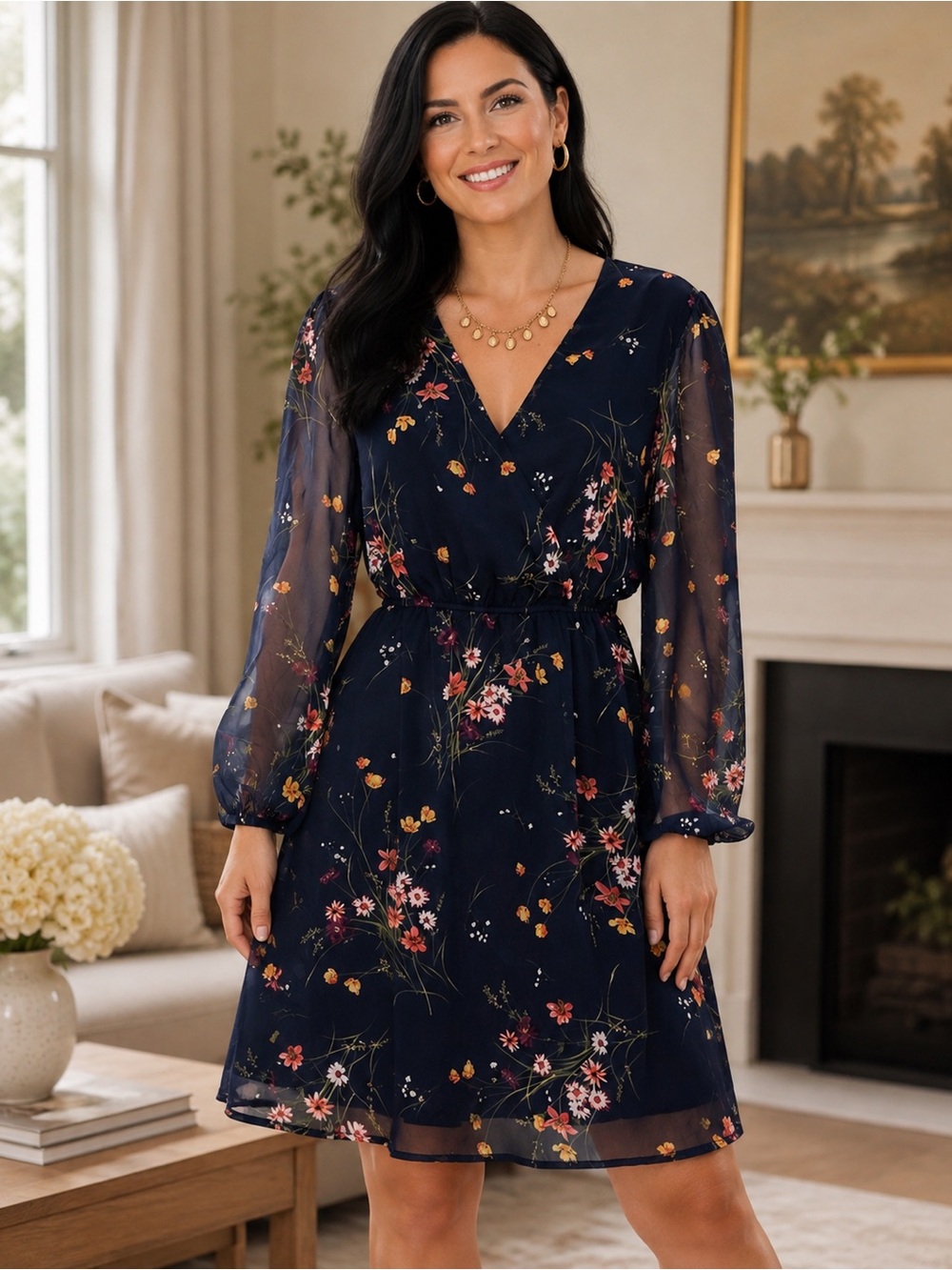 Floral Print Chiffon A-Line Mini Dress Size XL